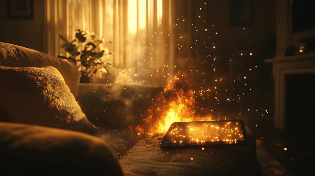 Tablet device on a couch engulfed in flames with sparks flying in a dimly lit room.