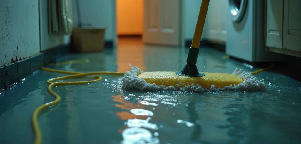 Flooded room with a mop cleaning water on the floor.