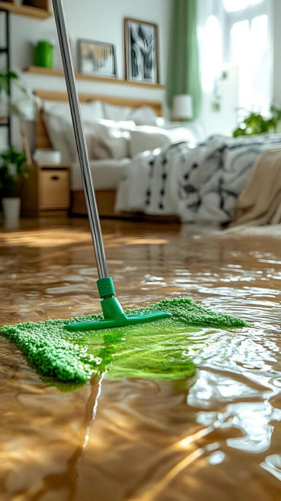 Green mop cleaning water flooding a wooden floor in a bedroom.