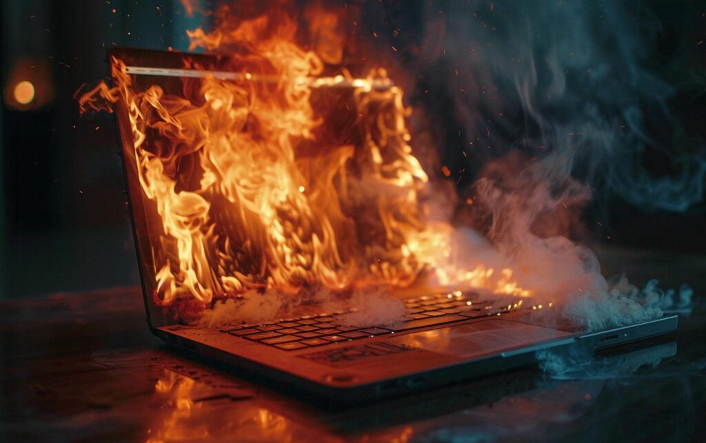 Laptop engulfed in flames with smoke rising from the keyboard and screen.