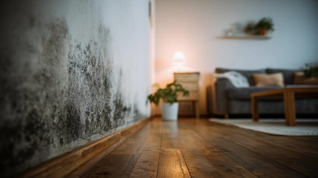 Black mold growing on a white wall near a wooden floor in a living room.