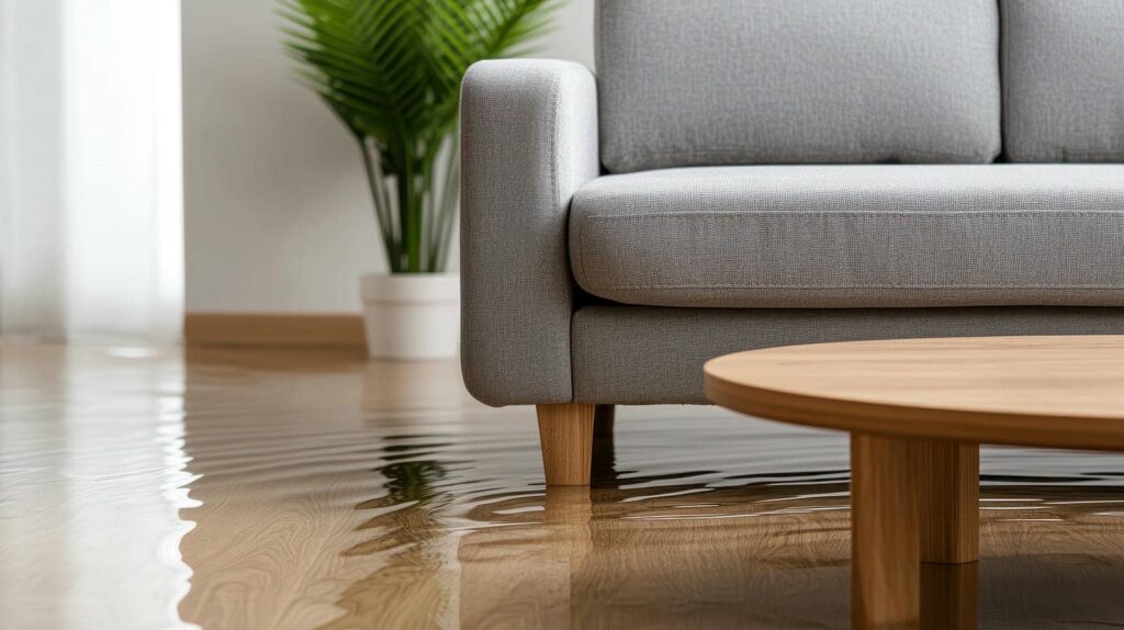 Water flooding a living room floor around a gray sofa and wooden coffee table.