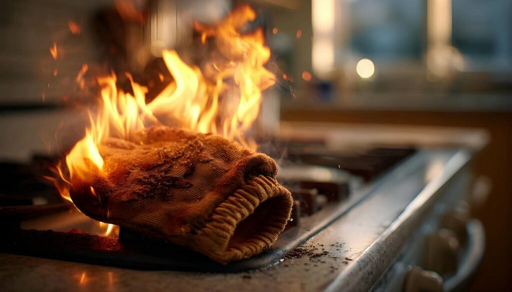 A kitchen oven mitt engulfed in flames on a stovetop burner.
