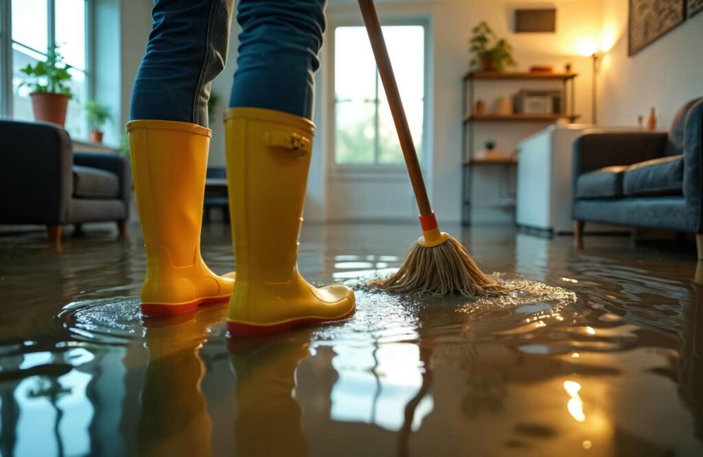 Person in yellow rain boots mopping water on a flooded living room floor.