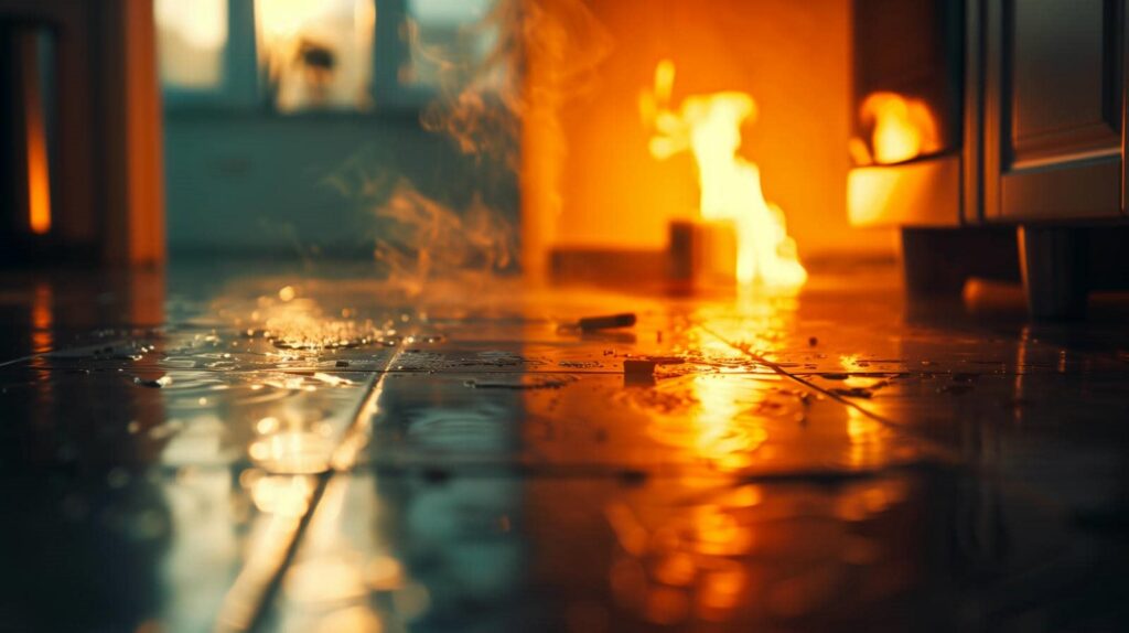 Fire burning on a kitchen floor with water spilled around it.