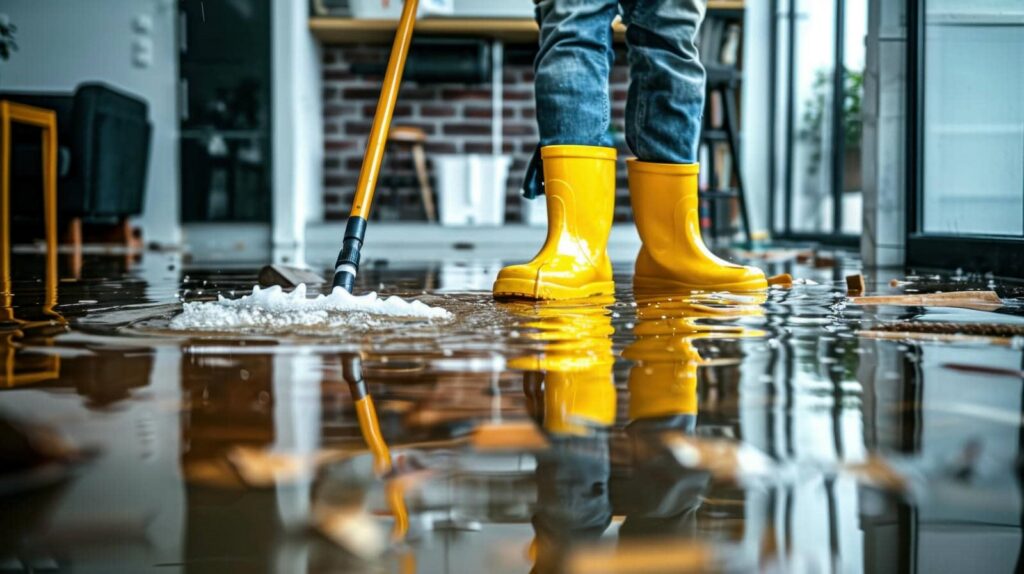 Person in yellow rain boots mopping a flooded indoor floor with scattered debris.