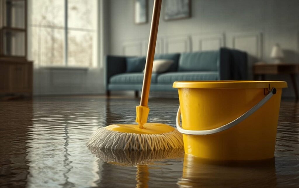 Yellow mop and bucket on a flooded wooden floor in a living room with a blue sofa.
