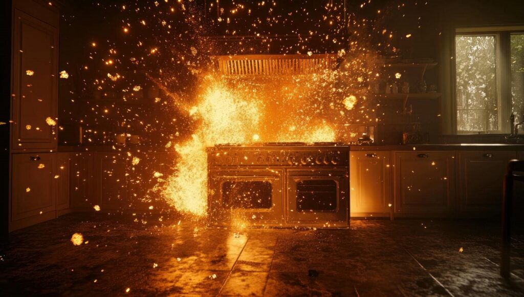 Kitchen stove engulfed in a large explosion with sparks and flames spreading outward.