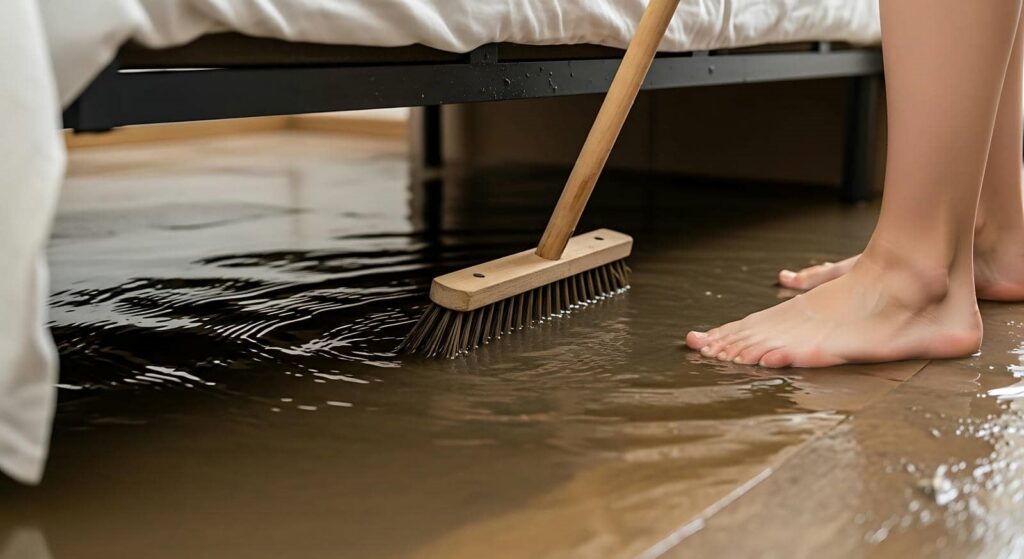 Bare feet standing in water while sweeping flooded floor under a bed with a broom.