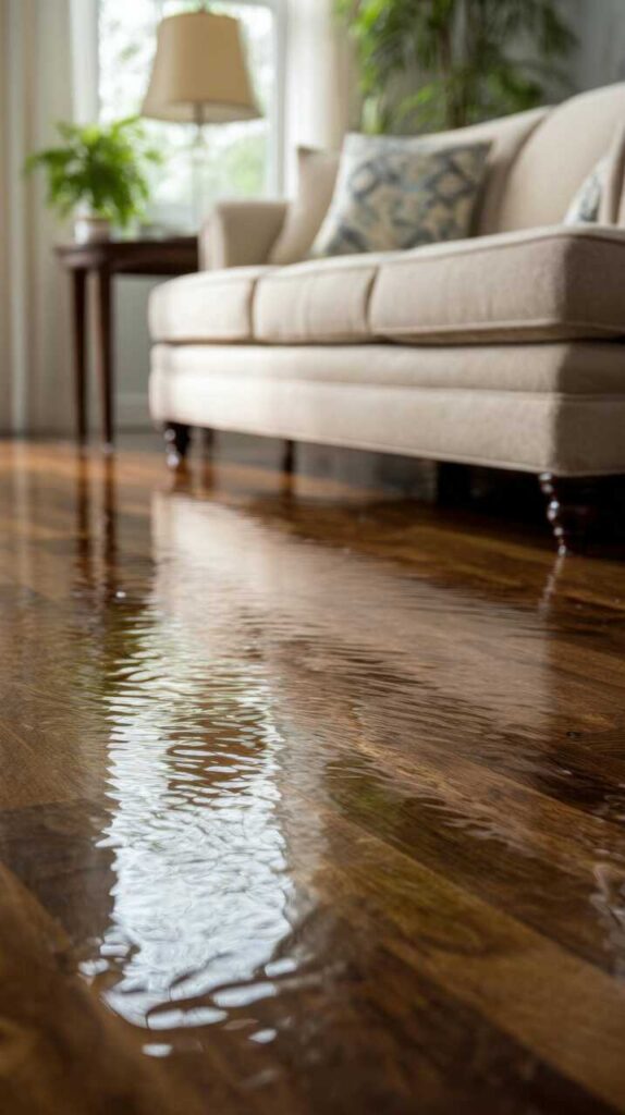Water flooding a wooden floor in a living room with a beige sofa and a side table.
