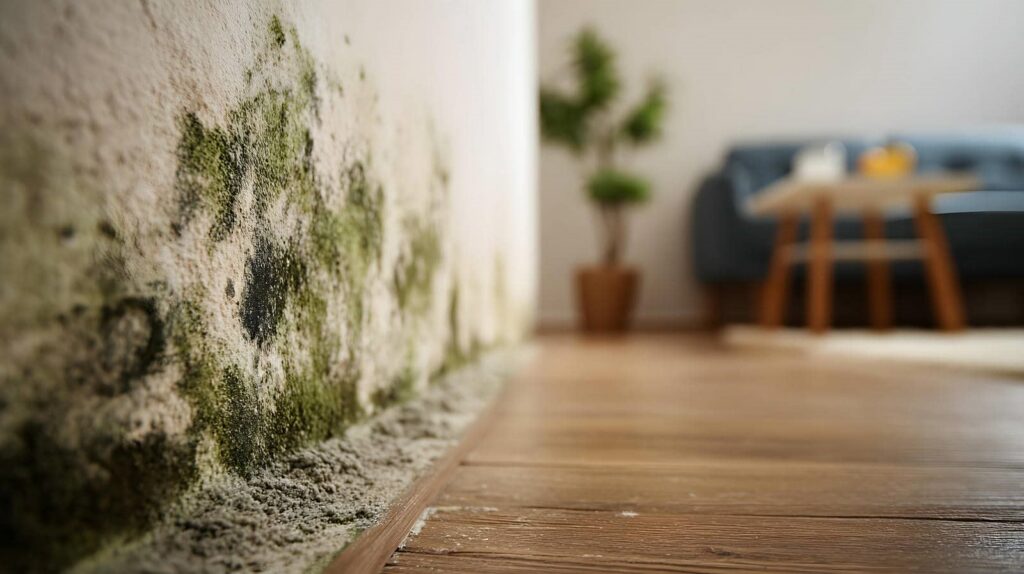 Mold and mildew growing on the lower part of an indoor wall near a wooden floor.