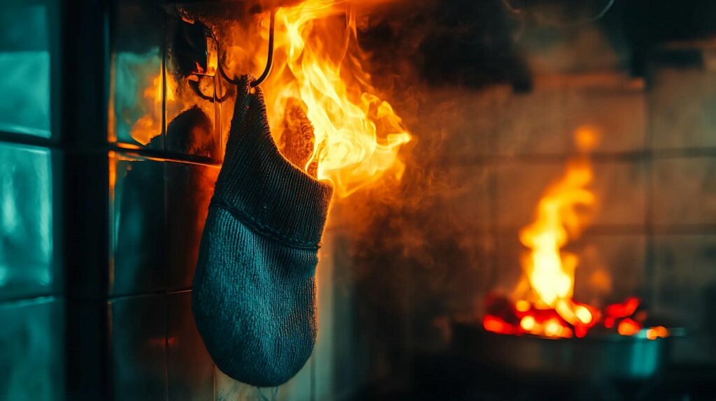 A kitchen mitt hanging on a hook with flames burning behind it.