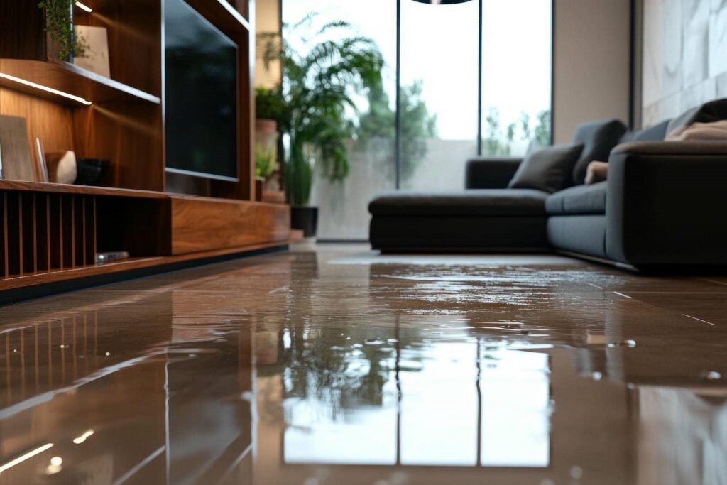 Water pooling on a living room floor near a gray sectional sofa and wooden TV stand.