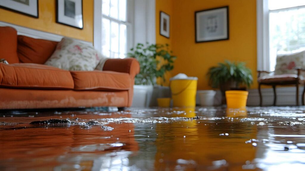 Water flooding a living room floor with an orange couch and yellow buckets in the background.