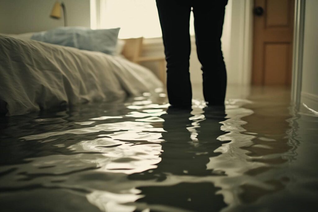 Person standing in a flooded bedroom with water reaching mid-calf level.