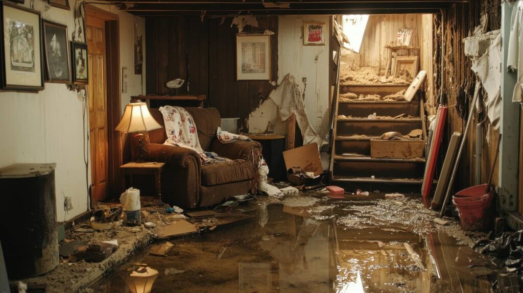 Flooded basement with a soaked armchair, scattered debris, and muddy water covering the floor.