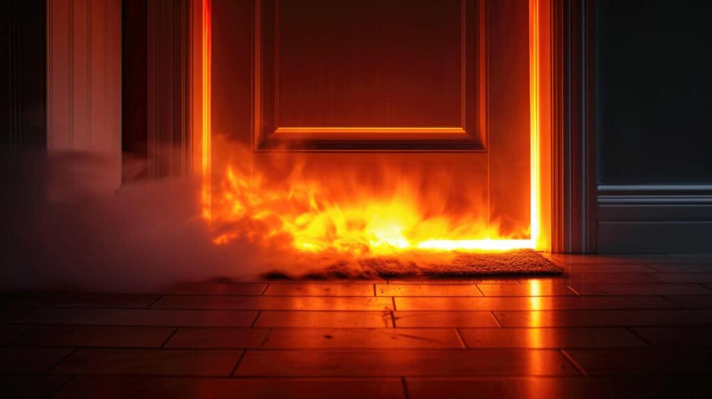 Fire burning at the base of a closed door with smoke spreading on the floor.