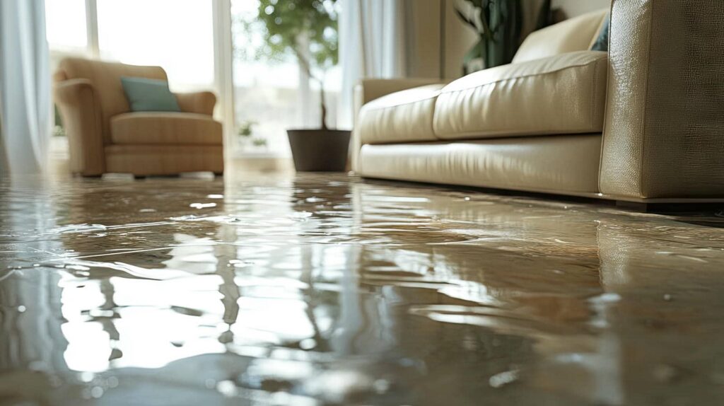 Living room floor flooded with water near beige sofa and armchair.