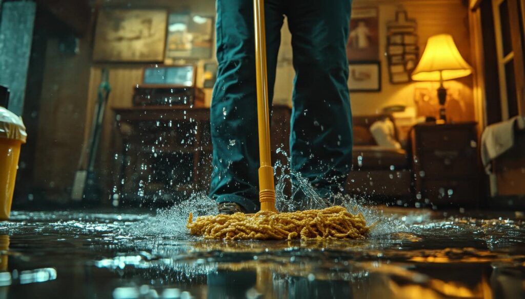 Person mopping a wet floor with a yellow mop in a dimly lit room.