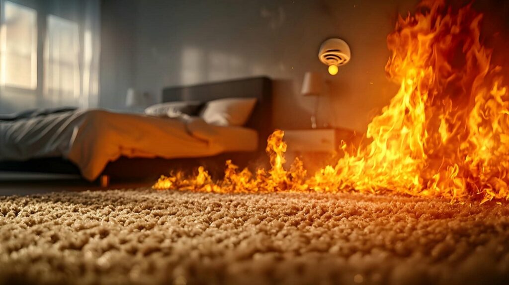 Fire spreading on the carpet near a bed in a bedroom with a smoke detector on the wall.