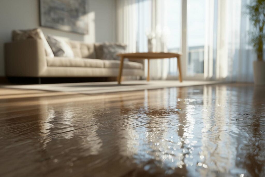 Water pooling on a wooden floor in a living room with a beige sofa and round wooden coffee table.