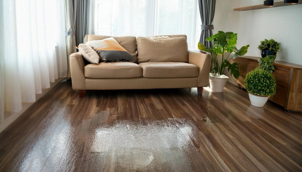 Beige sofa with cushions in a bright living room with wooden floor and potted plants.
