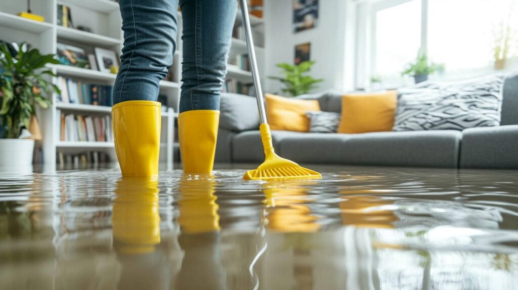 Person in yellow boots mopping water from a flooded living room floor.