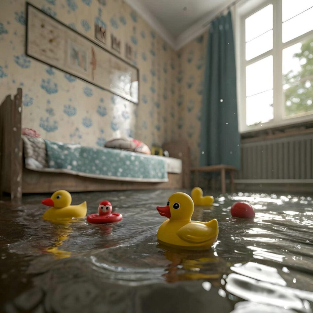Rubber ducks floating in a flooded bedroom with a bed and window in the background.