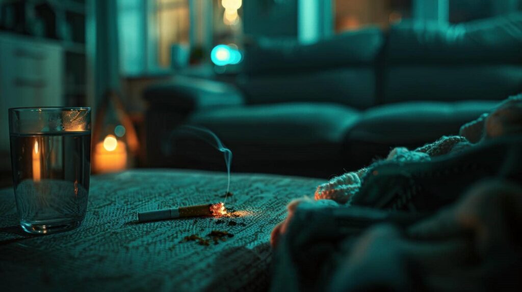 A lit cigarette smokes on a table next to a glass of water in a dimly lit living room.