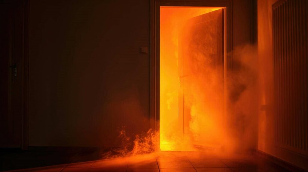 Open door with bright orange fire and smoke coming through into a dark room.