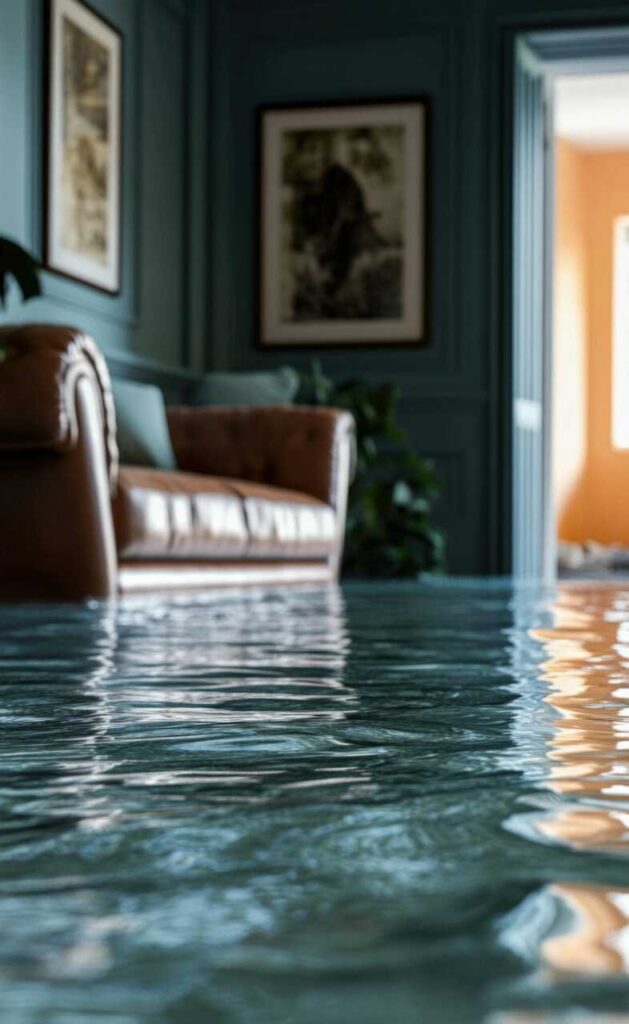 Living room flooded with water nearly reaching a brown leather sofa.