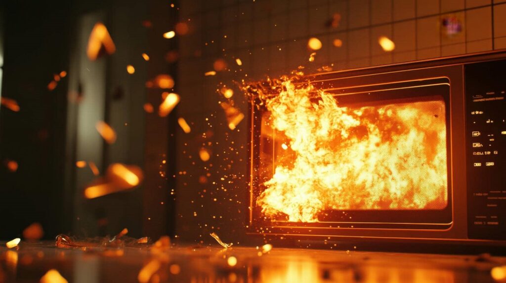 Microwave oven engulfed in flames with sparks and debris flying around.