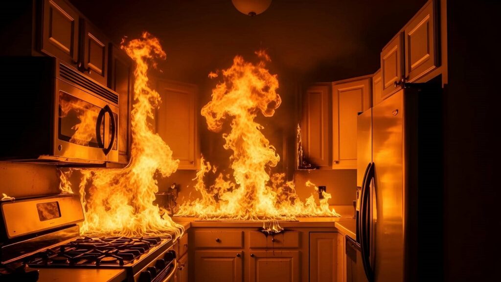 Kitchen stove and countertop engulfed in large flames and fire.
