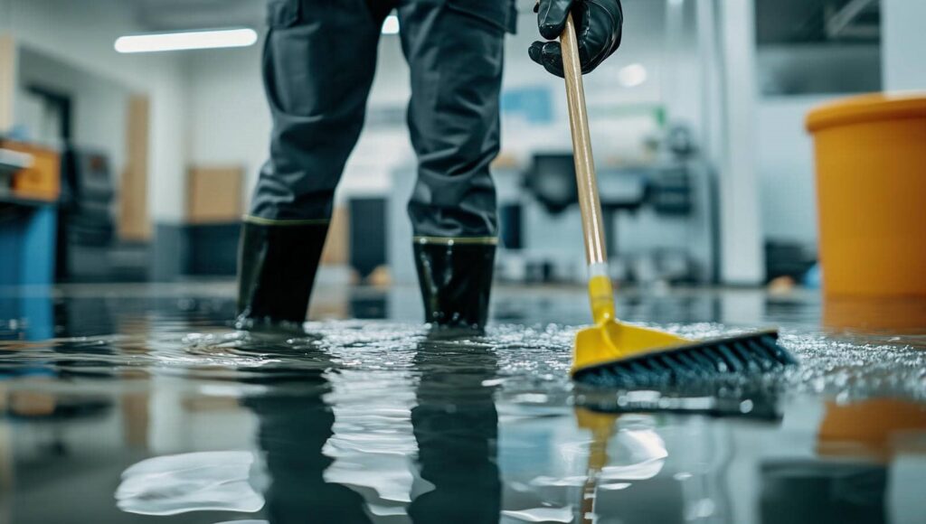 Person in boots using a broom to push water on a flooded indoor floor.