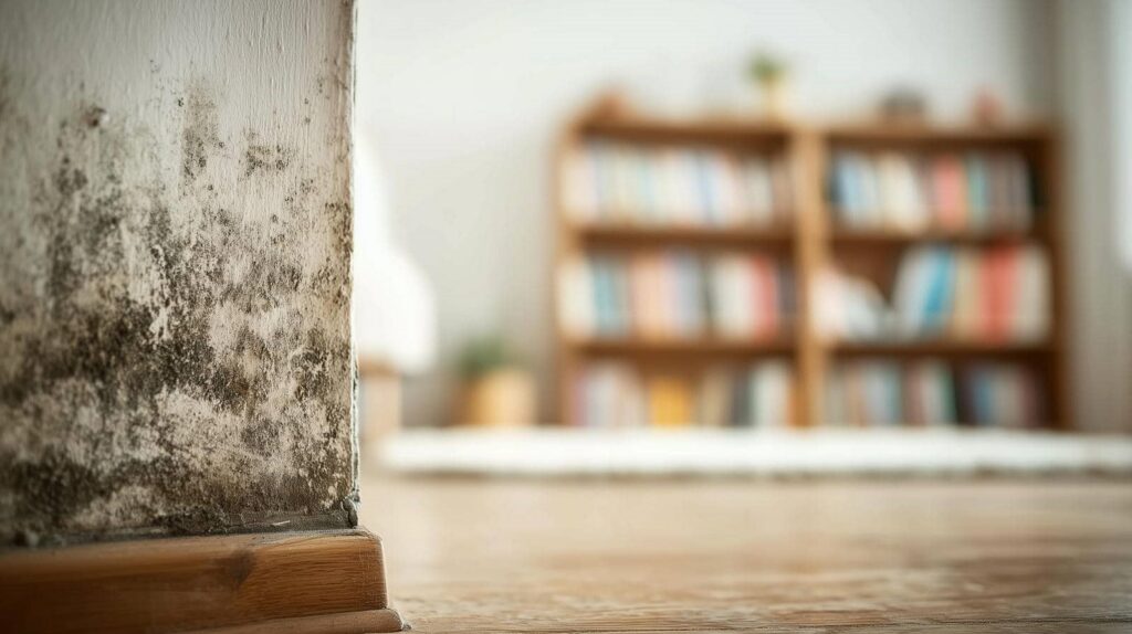 Close-up of mold growth on a wall corner inside a room with a blurred bookshelf in the background.