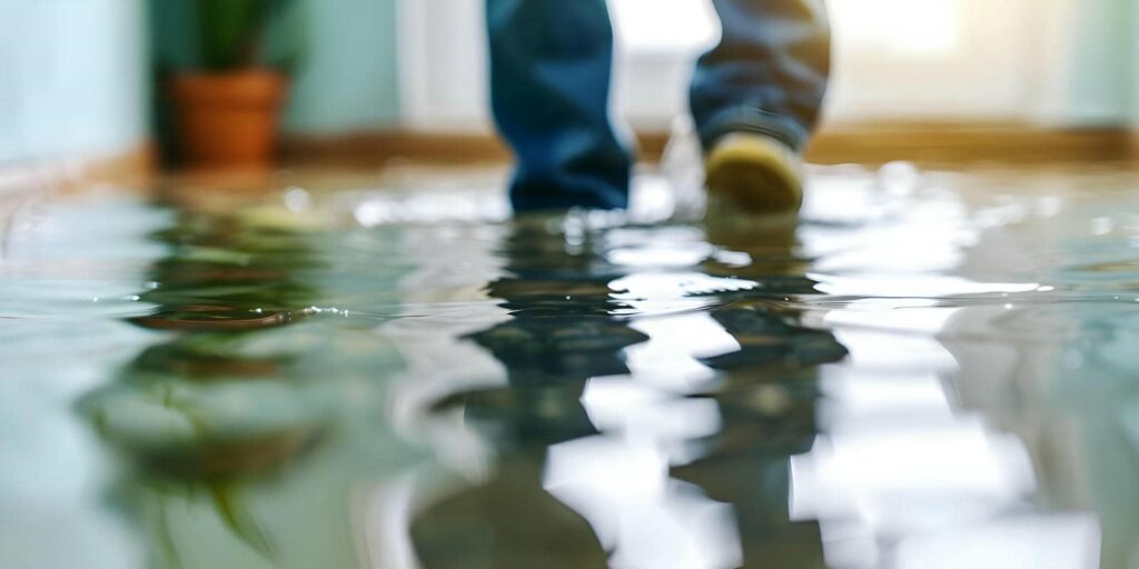 Person walking through a flooded indoor floor with water reflecting their legs and shoes.