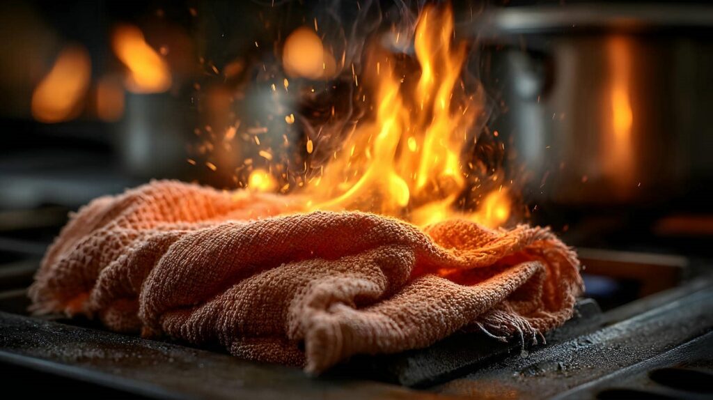 A kitchen towel on fire on a stovetop burner.