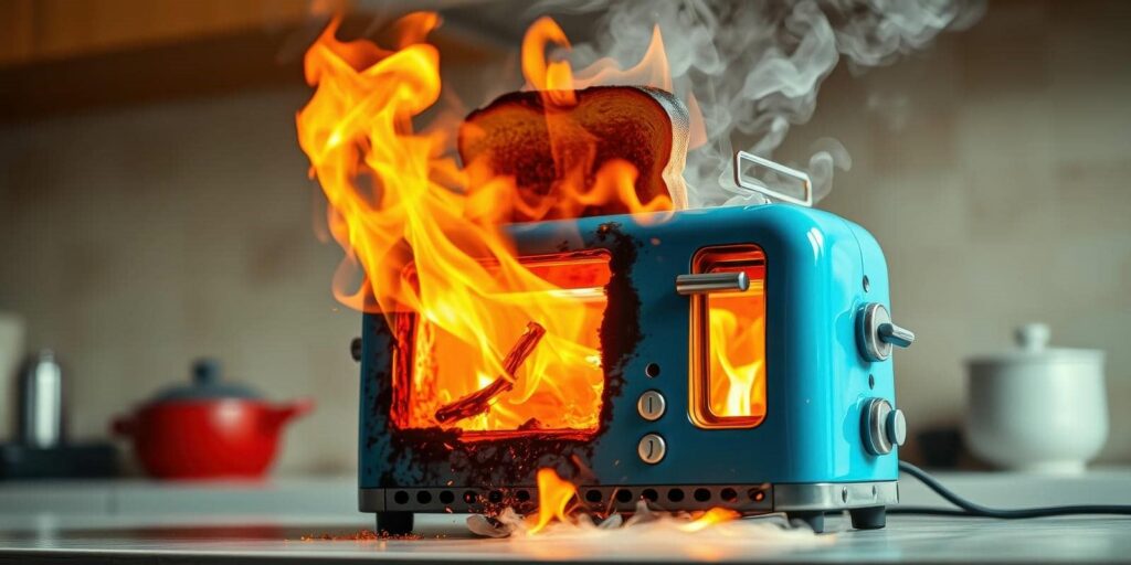 Blue toaster engulfed in flames with burning toast inside on a kitchen counter.