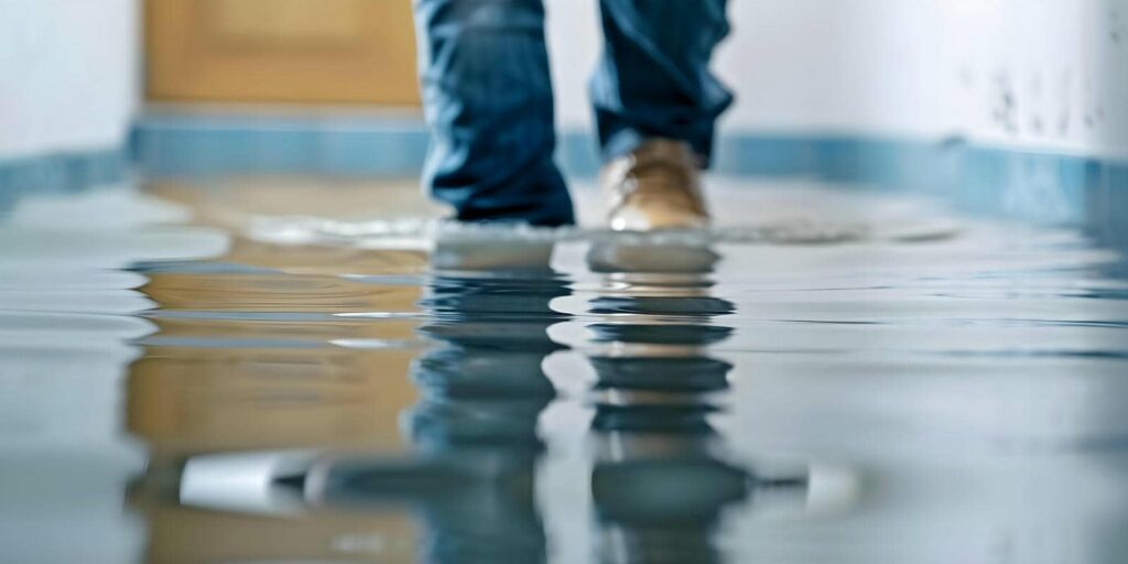Legs in jeans and boots walking through a flooded indoor hallway with water reflections.