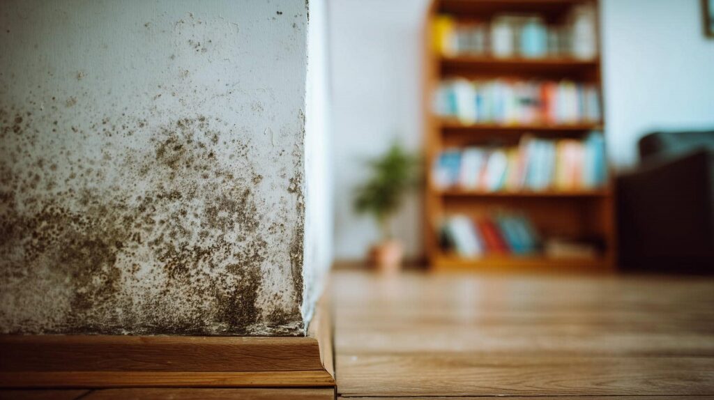 Black mold growing on the lower corner of a white interior wall near a wooden floor.