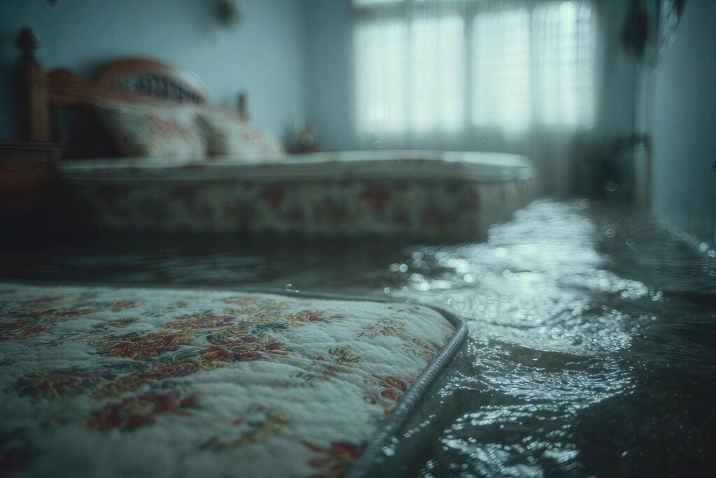 Flooded bedroom with water covering the floor and a floral mattress partially submerged.