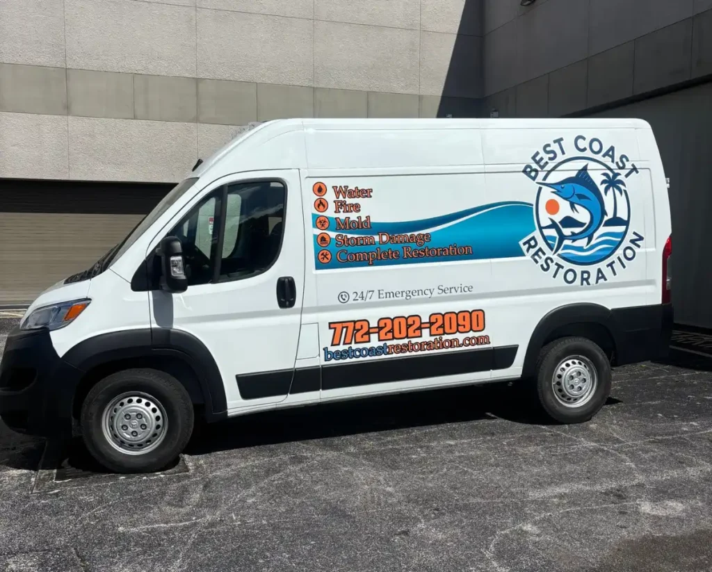 White van with "Best Coast Restoration" logo and services for water, fire, mold, storm damage, and restoration.