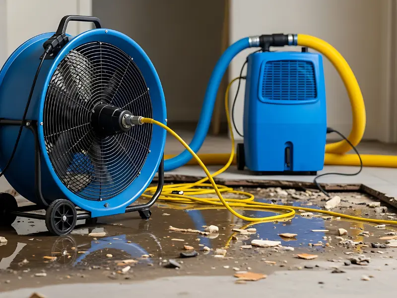 Blue industrial fans and dehumidifier drying a water-damaged floor with debris.