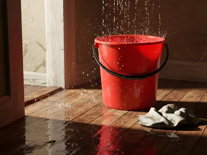 Red bucket catching water dripping from above on a wooden floor next to a cloth.