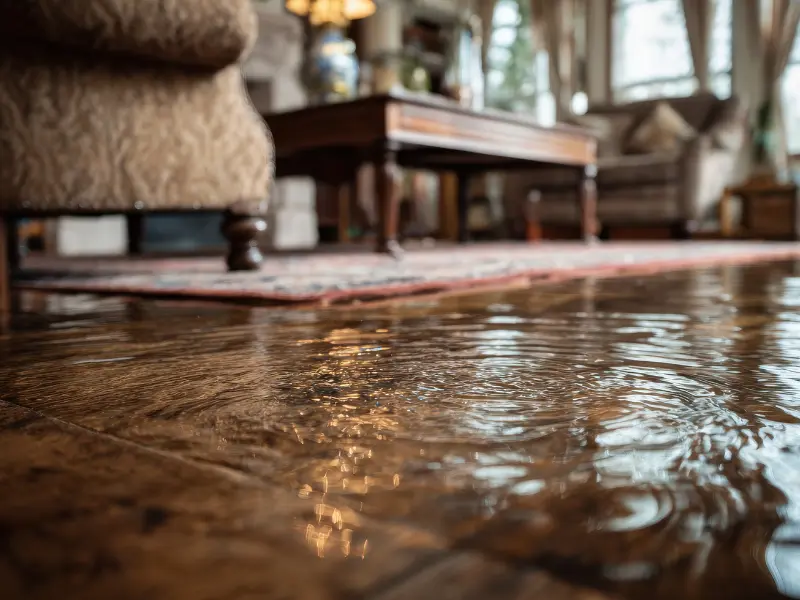 Water pooling on a wooden floor in a living room with furniture and a rug in the background.