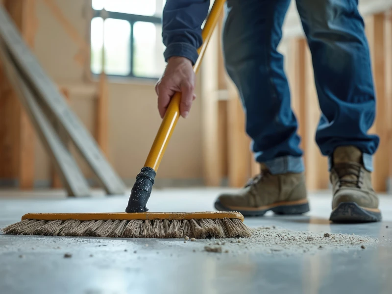 Person sweeping dust on a concrete floor with a yellow broom inside a building under construction.