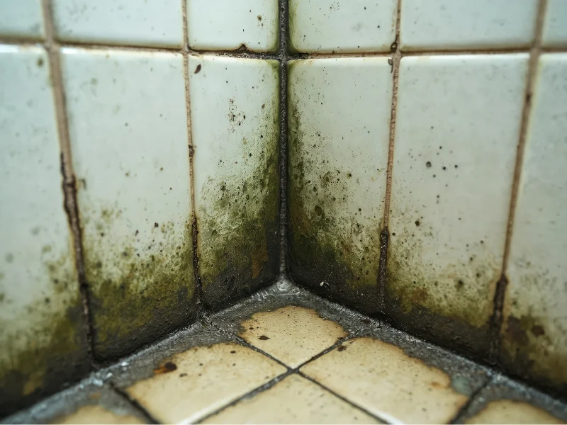 Mold and grime buildup on the grout and edges of white wall tiles and beige floor tiles in a corner.