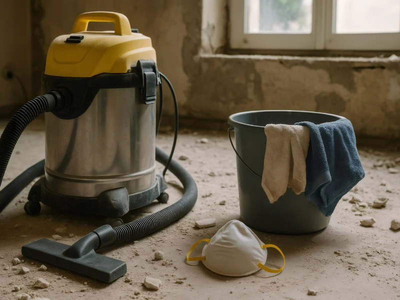 Wet-dry vacuum, bucket with cloths, and dust mask on a dusty floor near a window.