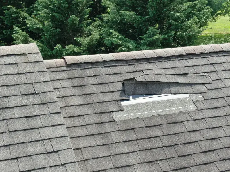 Roof shingles partially removed, exposing underlayment on a gray shingled roof.