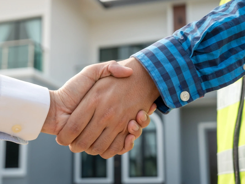 Two people shaking hands, one wearing a blue checkered shirt and the other a white shirt.